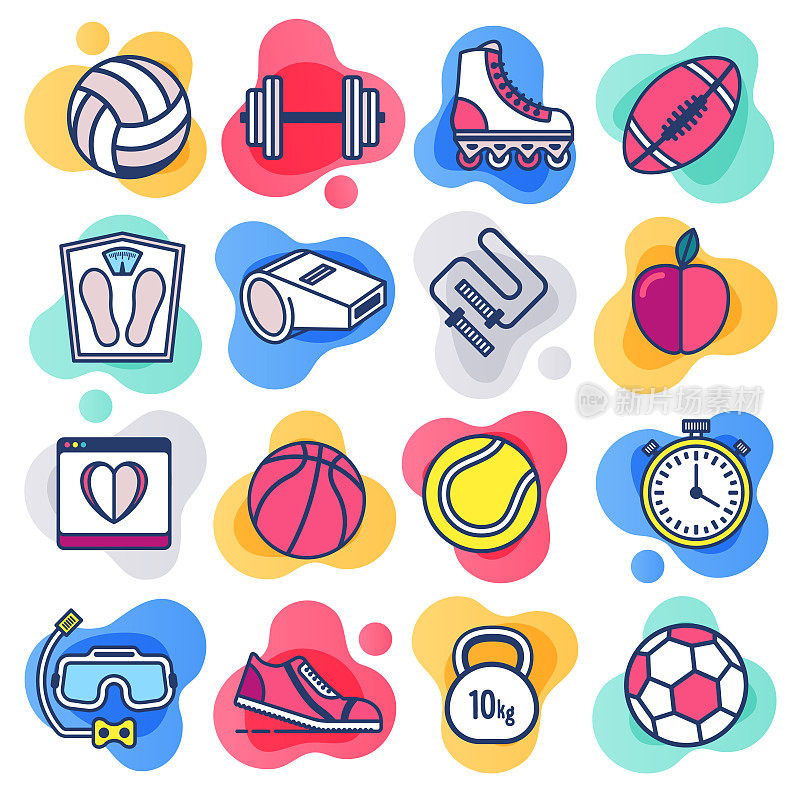 Sport & Physical Education Flat Line Liquid Style Vector Icon Set